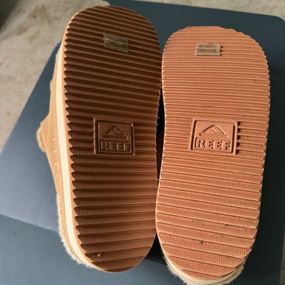 Reef Ojai Ciara 2-Bar Shearling Lined Tan Suede Platform Slides Women’s Size 9 - Picture 7 of 8